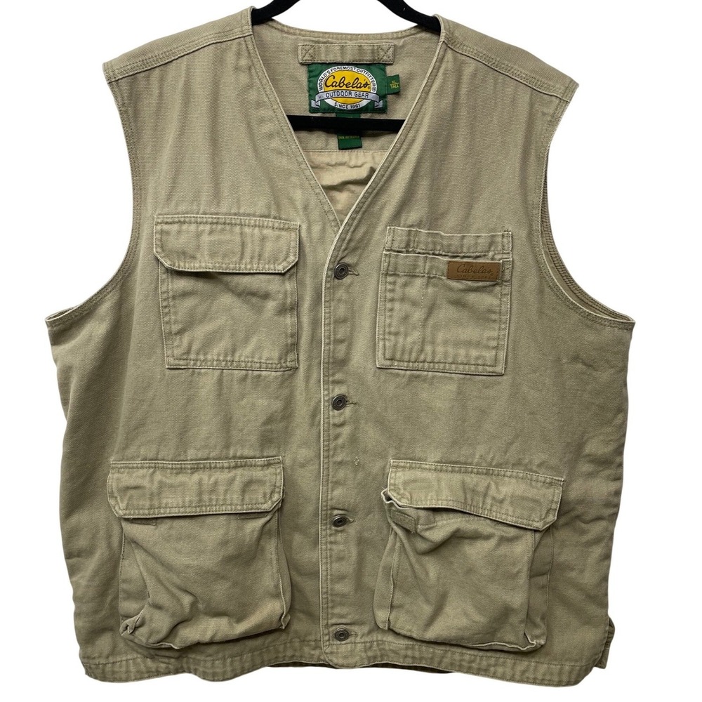 Vtg Cabelas‎ Field Vest Outdoor Khaki XL Tall Utility Pockets Workwear Fish Hunt